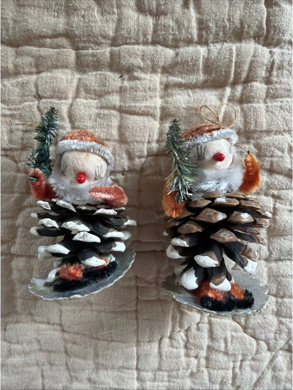 2 Vintage Japan Pinecone Elf Gnome Figures Putz Christmas Ornament Decorations